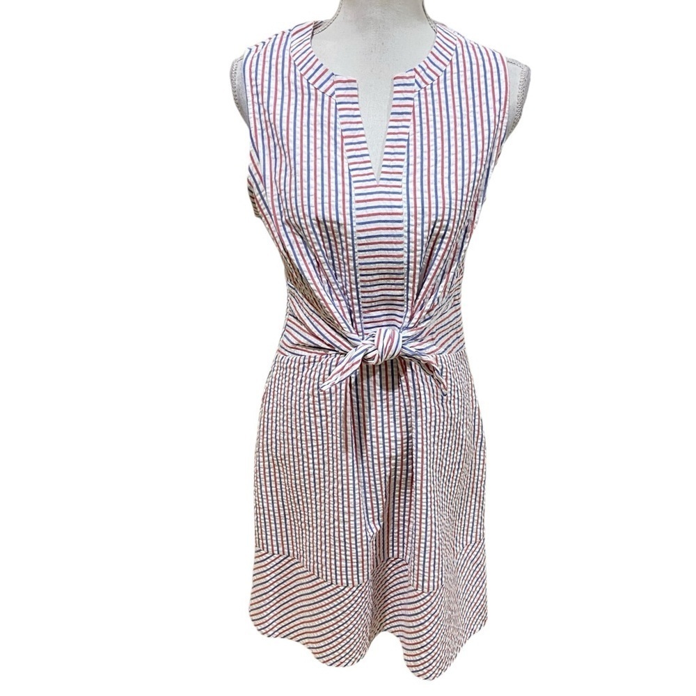 Vineyard Vines Fireworks Seersucker red/blue stripe tie front sleeveless dress 8